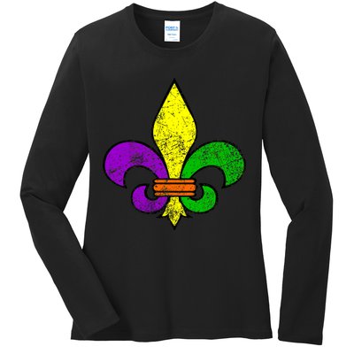 Fleur De Lis Retro Mardi Gras New Orleans Logo Ladies Long Sleeve Shirt