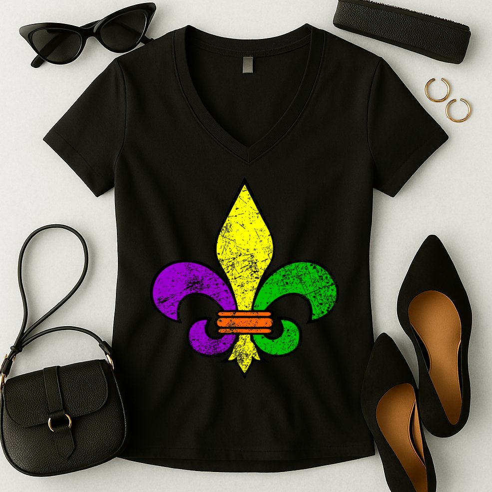 Fleur De Lis Retro Mardi Gras New Orleans Logo Women's V-Neck T-Shirt