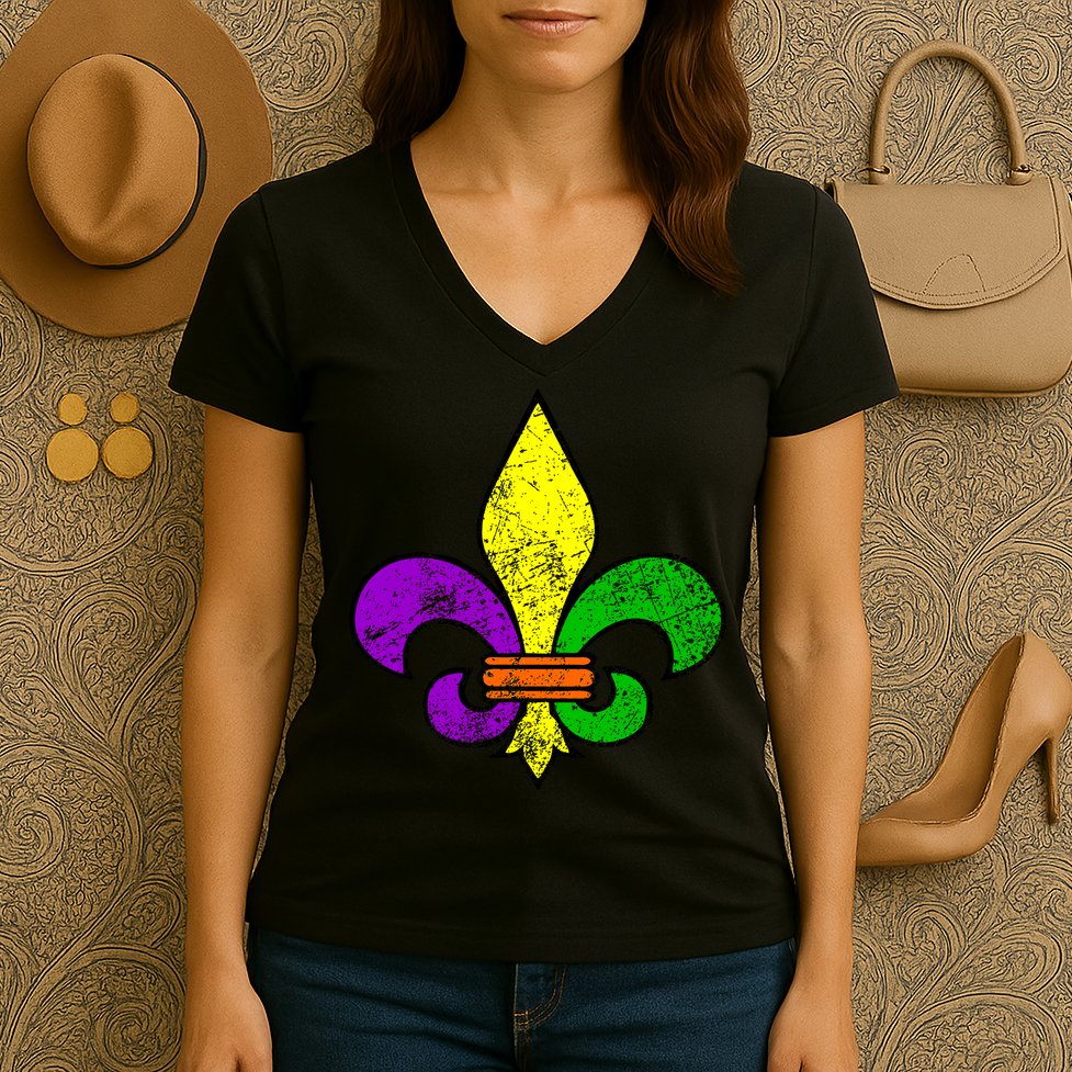 Fleur De Lis Retro Mardi Gras New Orleans Logo Women's V-Neck T-Shirt