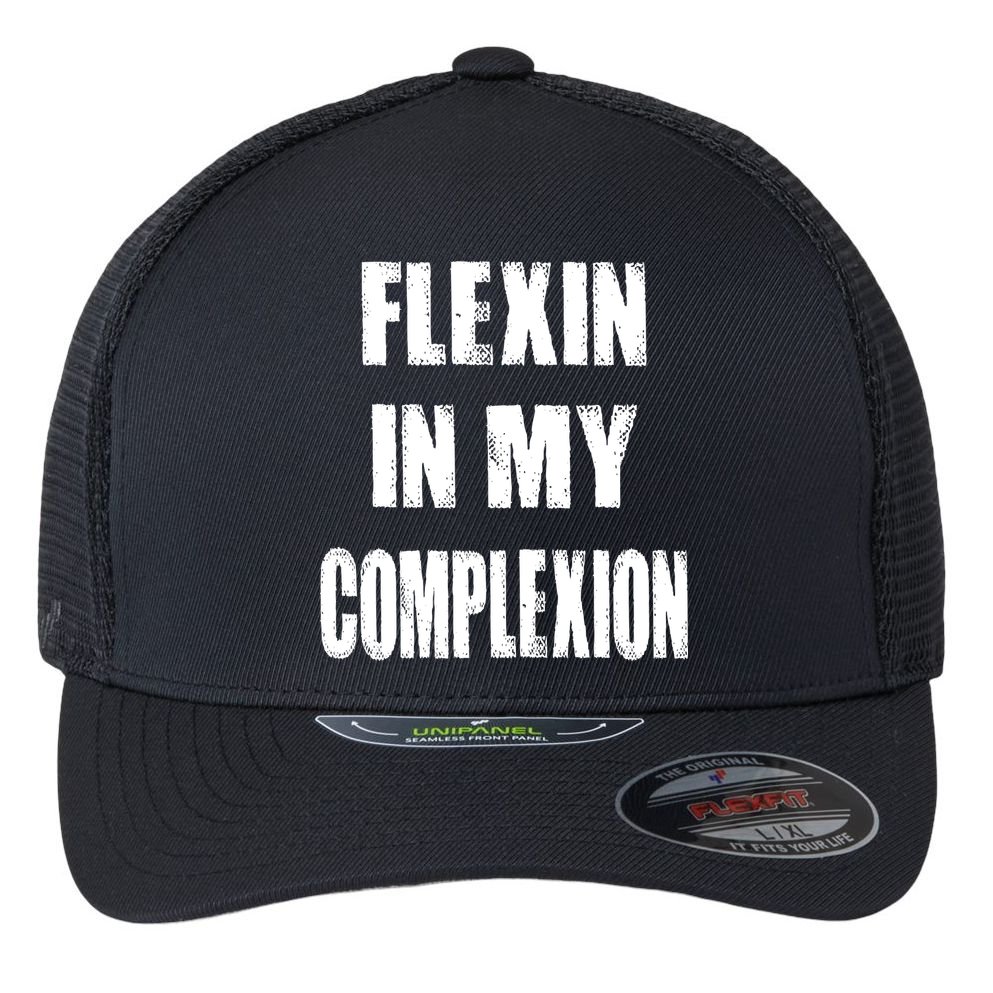 Flexin My Complexion Distressed Logo Flexfit Unipanel Trucker Cap