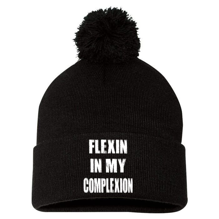 Flexin My Complexion Distressed Logo Pom Pom 12in Knit Beanie