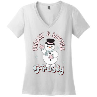 Feelin' Little Frostys Snowman Groovy Retro Christmas Pajama  Women's V-Neck T-Shirt