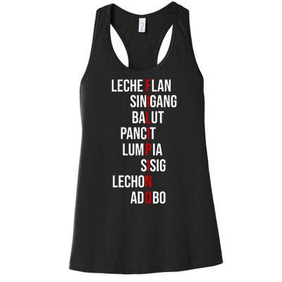 Filipino Lech Flan Sinigang Balut Pancit Lumpia Sisig Lechon Adobo Women's Racerback Tank