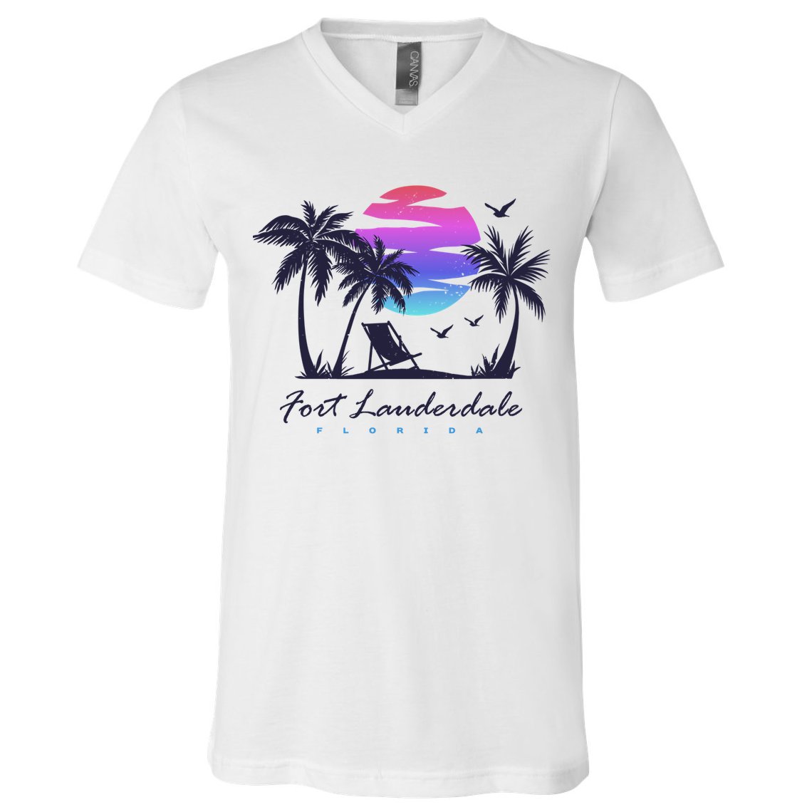 Fort Lauderdale Florida Beach Vacation Retro Vintage Sunset Gift V-Neck T-Shirt