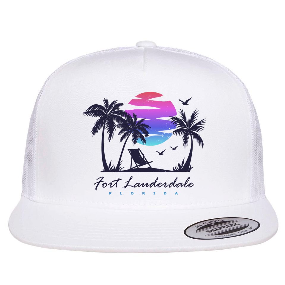 Fort Lauderdale Florida Beach Vacation Retro Vintage Sunset Gift Flat Bill Trucker Hat