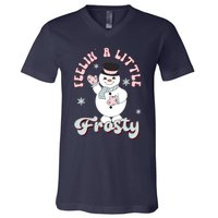 Feelin Little Frostys Snowman Groovy Retro Christmas Pajama V-Neck T-Shirt