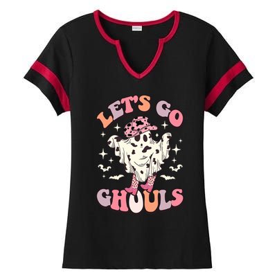 Funny Let’S Go Ghouls Halloween Retro Spooky Cow Great Gift Ladies Halftime Notch Neck Tee