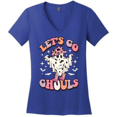 Funny Let’S Go Ghouls Halloween Retro Spooky Cow Great Gift Women's V-Neck T-Shirt