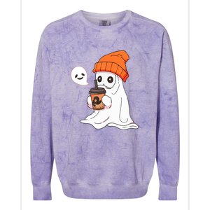 Funny Little Ghost Drinking Coffee Cute Halloween Spooky Season Gift Colorblast Crewneck Sweatshirt