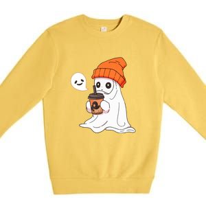 Funny Little Ghost Drinking Coffee Cute Halloween Spooky Season Gift Premium Crewneck Sweatshirt