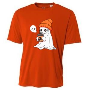 Funny Little Ghost Drinking Coffee Cute Halloween Spooky Season Gift Cooling Performance Crew T-Shirt