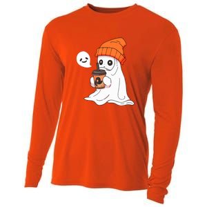 Funny Little Ghost Drinking Coffee Cute Halloween Spooky Season Gift Cooling Performance Long Sleeve Crew