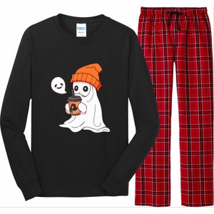 Funny Little Ghost Drinking Coffee Cute Halloween Spooky Season Gift Long Sleeve Pajama Set