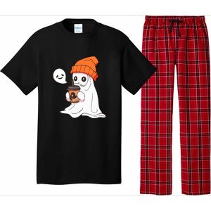 Funny Little Ghost Drinking Coffee Cute Halloween Spooky Season Gift Pajama Set