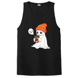 Funny Little Ghost Drinking Coffee Cute Halloween Spooky Season Gift PosiCharge Competitor Tank