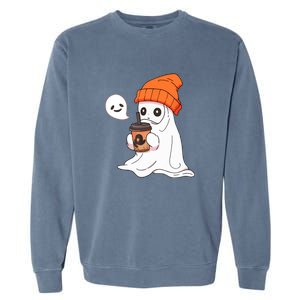 Funny Little Ghost Drinking Coffee Cute Halloween Spooky Season Gift Garment-Dyed Sweatshirt