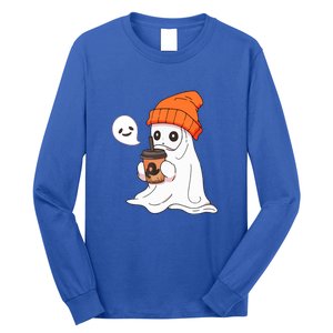 Funny Little Ghost Drinking Coffee Cute Halloween Spooky Season Gift Long Sleeve Shirt