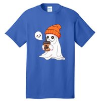 Funny Little Ghost Drinking Coffee Cute Halloween Spooky Season Gift Tall T-Shirt