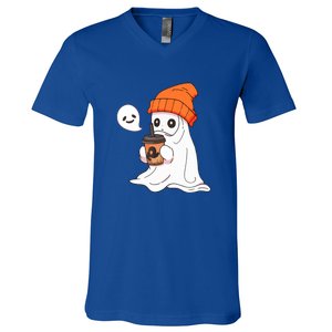 Funny Little Ghost Drinking Coffee Cute Halloween Spooky Season Gift V-Neck T-Shirt