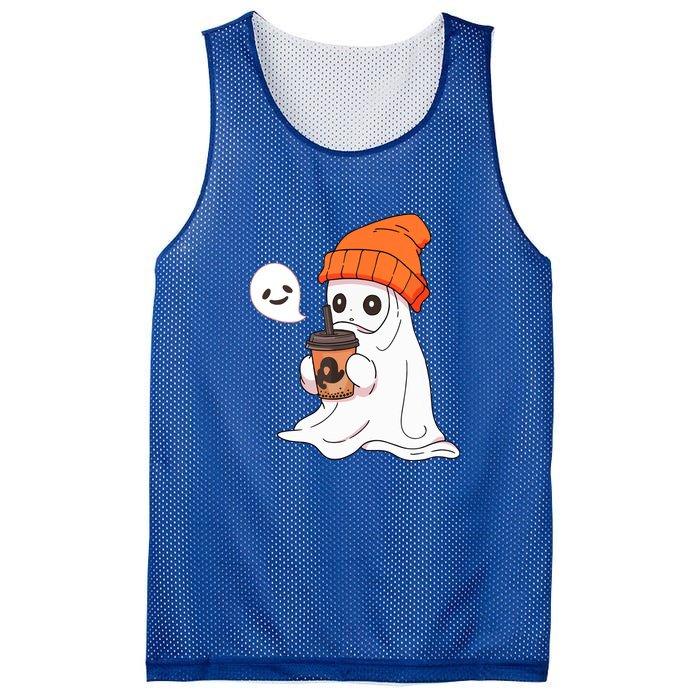 Funny Little Ghost Drinking Coffee Cute Halloween Spooky Season Gift Mesh Reversible Basketball Jersey Tank