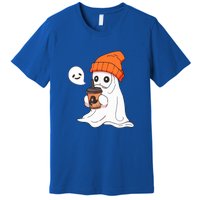 Funny Little Ghost Drinking Coffee Cute Halloween Spooky Season Gift Premium T-Shirt