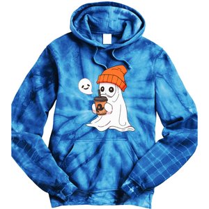 Funny Little Ghost Drinking Coffee Cute Halloween Spooky Season Gift Tie Dye Hoodie