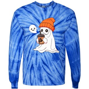 Funny Little Ghost Drinking Coffee Cute Halloween Spooky Season Gift Tie-Dye Long Sleeve Shirt