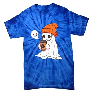 Funny Little Ghost Drinking Coffee Cute Halloween Spooky Season Gift Tie-Dye T-Shirt