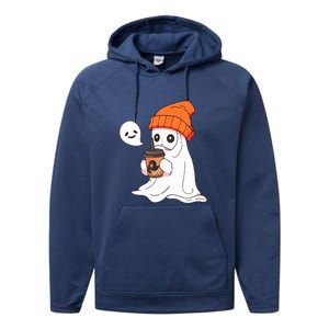 Funny Little Ghost Drinking Coffee Cute Halloween Spooky Season Gift Performance Fleece Hoodie