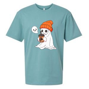 Funny Little Ghost Drinking Coffee Cute Halloween Spooky Season Gift Sueded Cloud Jersey T-Shirt