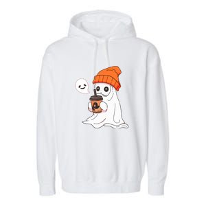 Funny Little Ghost Drinking Coffee Cute Halloween Spooky Season Gift Garment-Dyed Fleece Hoodie