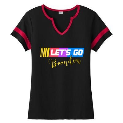 FJB Let's Go Brandon Anti Biden Chant Racing Logo Ladies Halftime Notch Neck Tee