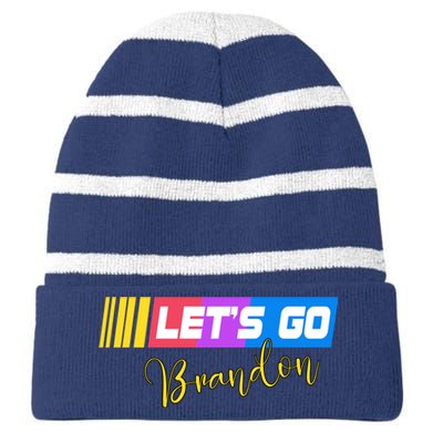 FJB Let's Go Brandon Anti Biden Chant Racing Logo Striped Beanie with Solid Band