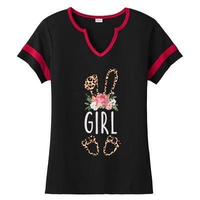 Floral Leopard Girl Bunny Gift Happy Easter Mother's Day Gift Ladies Halftime Notch Neck Tee