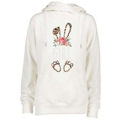 Floral Leopard Girl Bunny Gift Happy Easter Mother's Day Gift Womens Funnel Neck Pullover Hood