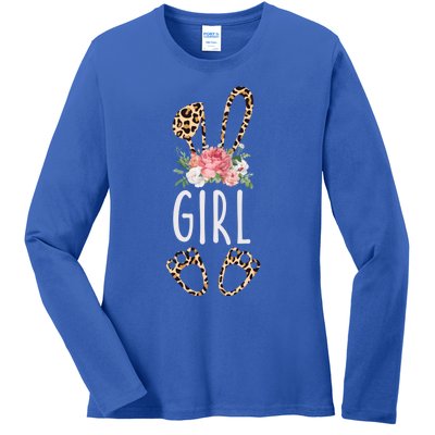 Floral Leopard Girl Bunny Gift Happy Easter Mother's Day Gift Ladies Long Sleeve Shirt