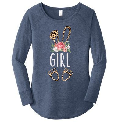 Floral Leopard Girl Bunny Gift Happy Easter Mother's Day Gift Women's Perfect Tri Tunic Long Sleeve Shirt