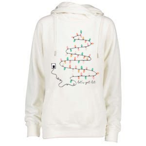 Funny LetS Get Lit Christmas Lights Pine Tree Holiday Xmas Gift Womens Funnel Neck Pullover Hood