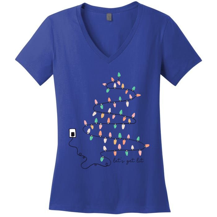 Funny LetS Get Lit Christmas Lights Pine Tree Holiday Xmas Gift Women's V-Neck T-Shirt