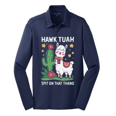 Funny Llama Hawk Tush Spit On That Thing Presidential Parody Silk Touch Performance Long Sleeve Polo