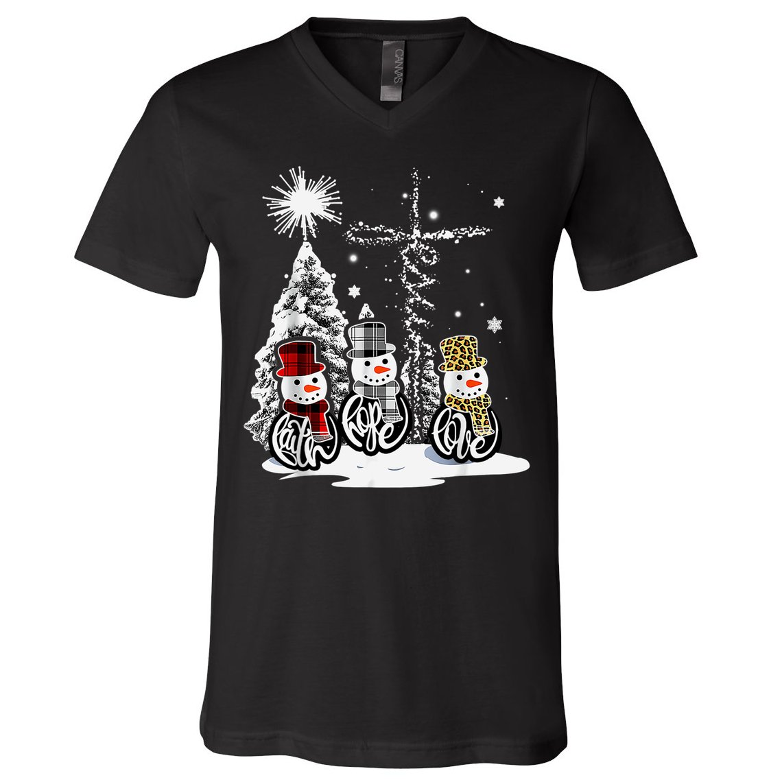 Faith Love Hope Cross Winter Snowman V-Neck T-Shirt