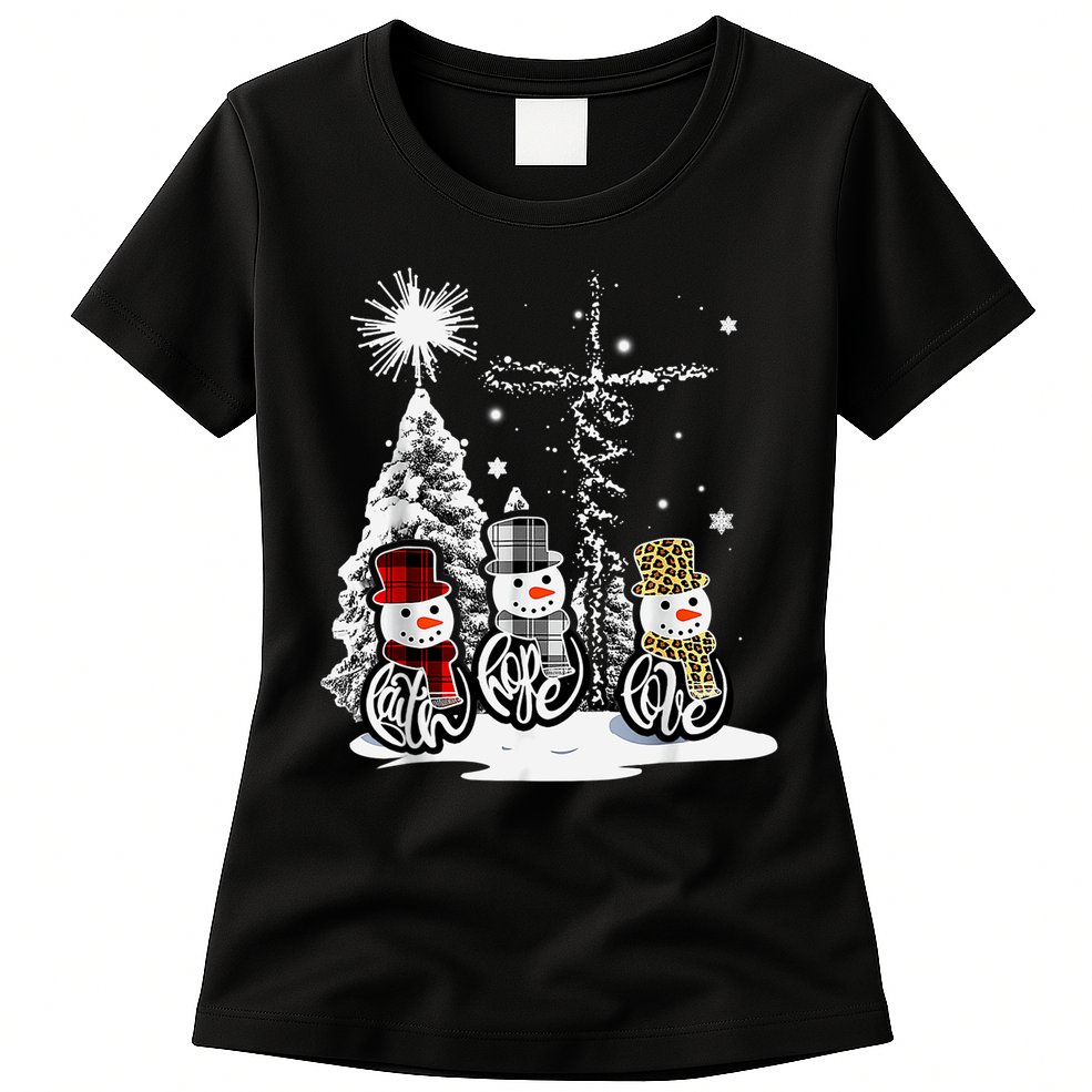 Faith Love Hope Cross Winter Snowman Womens T-Shirt