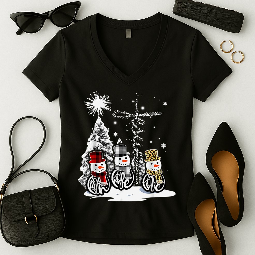 Faith Love Hope Cross Winter Snowman Women's V-Neck T-Shirt