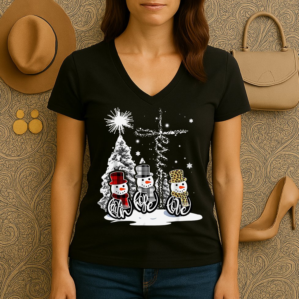 Faith Love Hope Cross Winter Snowman Women's V-Neck T-Shirt