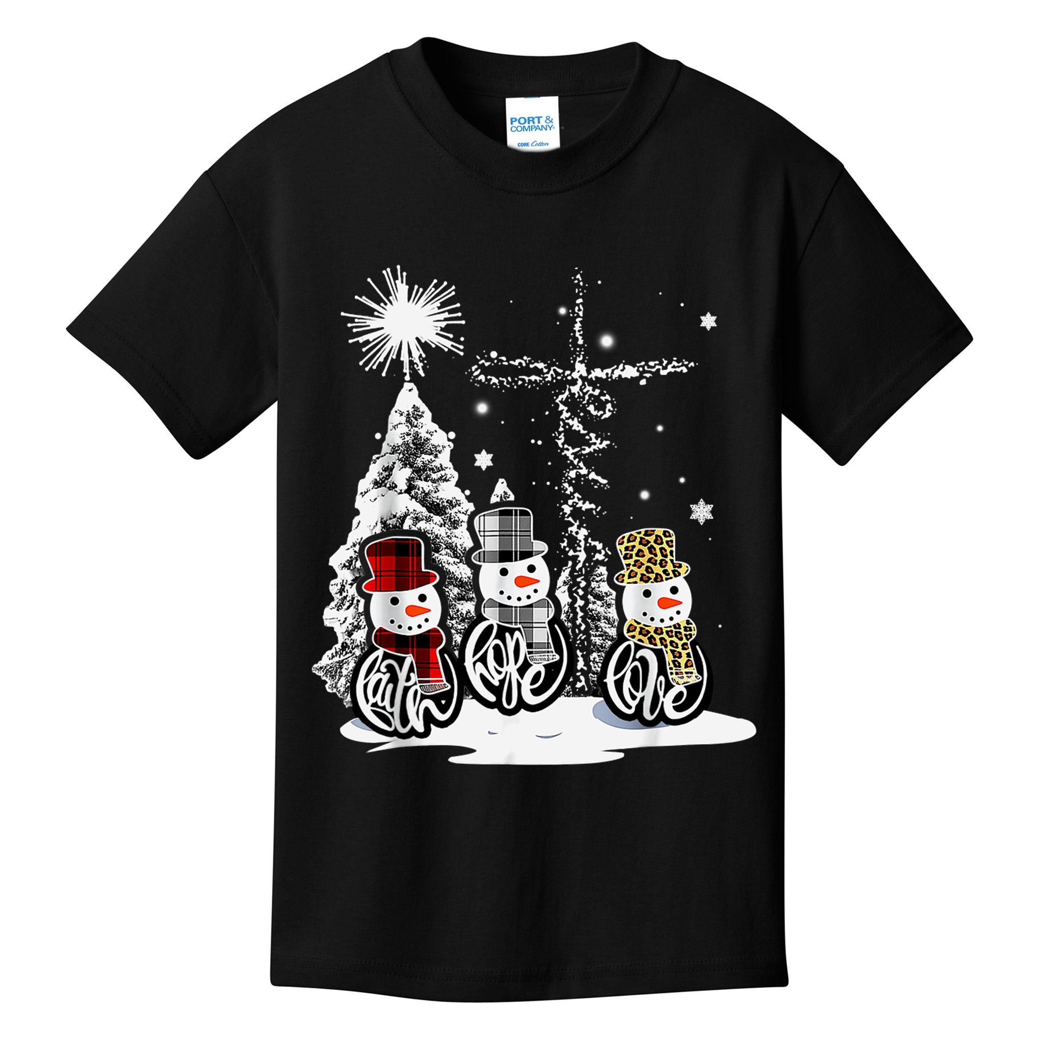 Faith Love Hope Cross Winter Snowman Kids T-Shirt