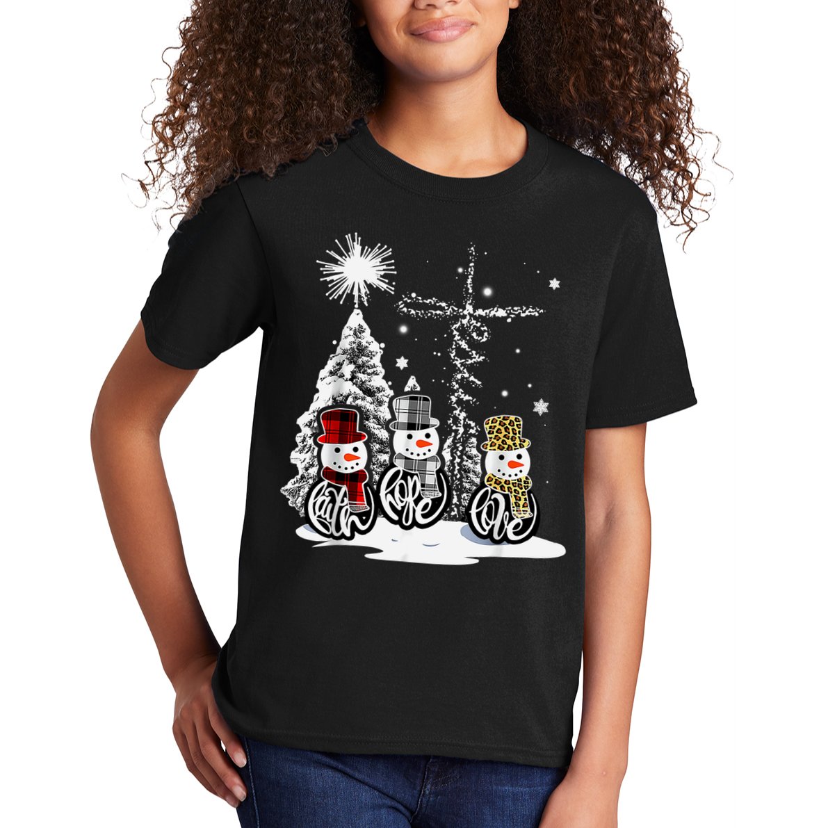 Faith Love Hope Cross Winter Snowman Kids T-Shirt