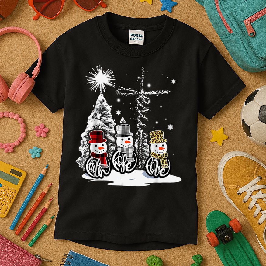 Faith Love Hope Cross Winter Snowman Kids T-Shirt