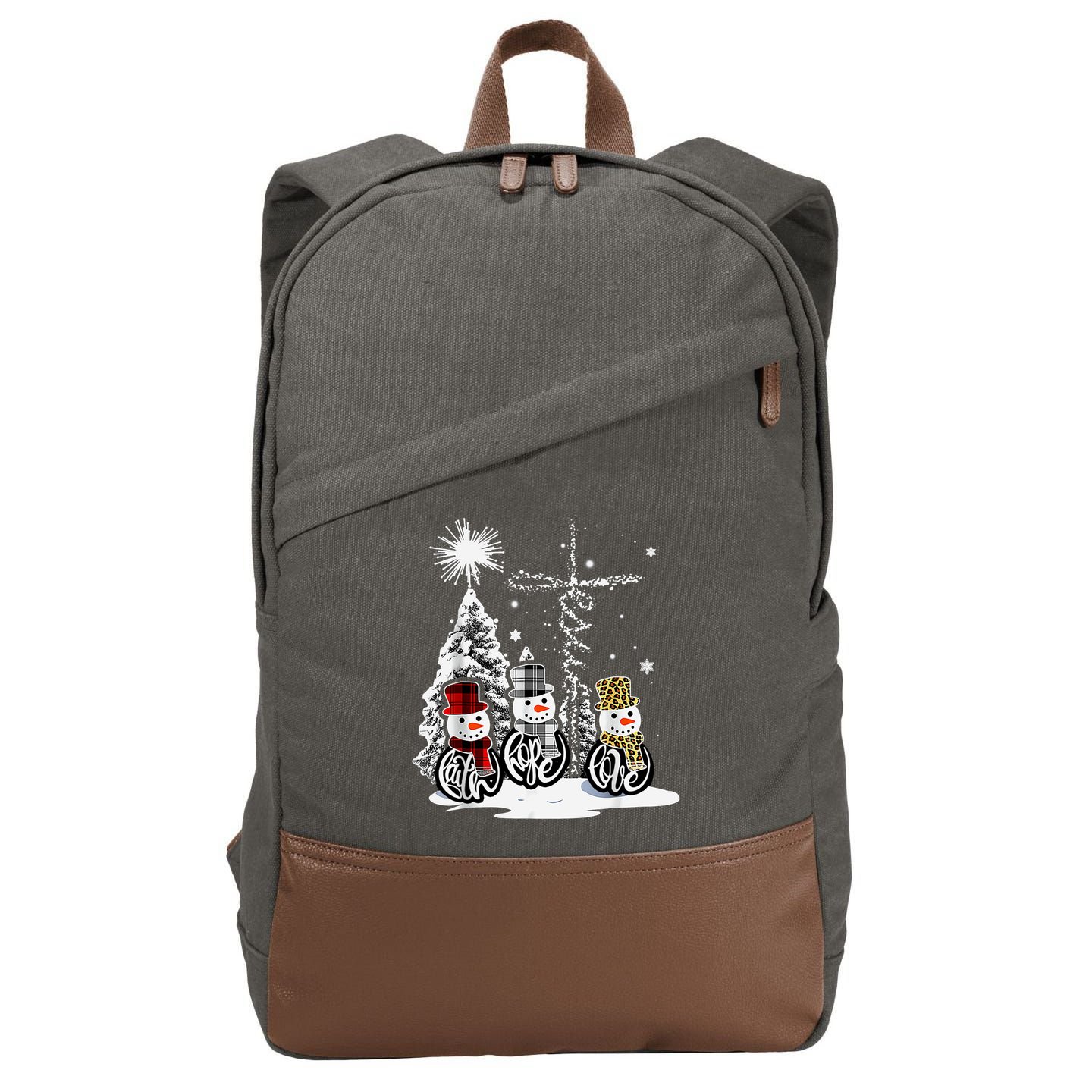 Faith Love Hope Cross Winter Snowman Cotton Canvas Backpack