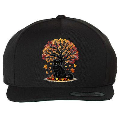 Fall Leaves Hello Autumn Cat Tree Thanksgiving Wool Snapback Cap