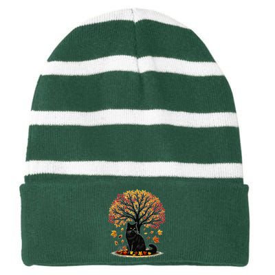 Fall Leaves Hello Autumn Cat Tree Thanksgiving Striped Beanie with Solid Band